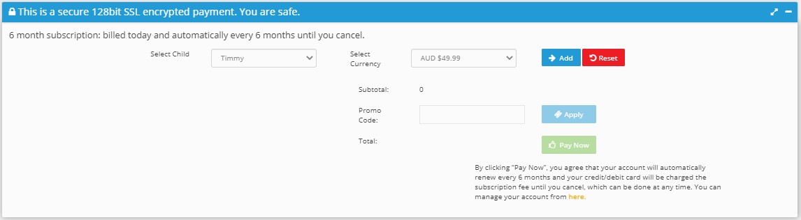 Screenshot of the purchase page