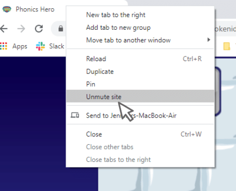 Right-clicking the Phonics Hero tab to unmute it in Chrome