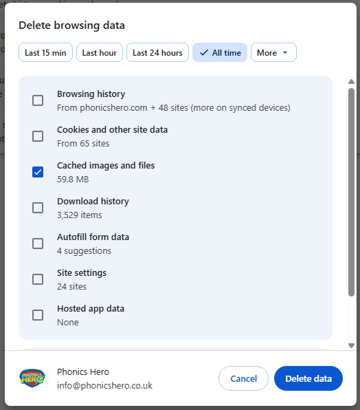 Selecting tickboxes for clearing chrome cache