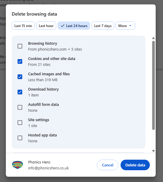Selecting tickboxes for clearing chrome cache