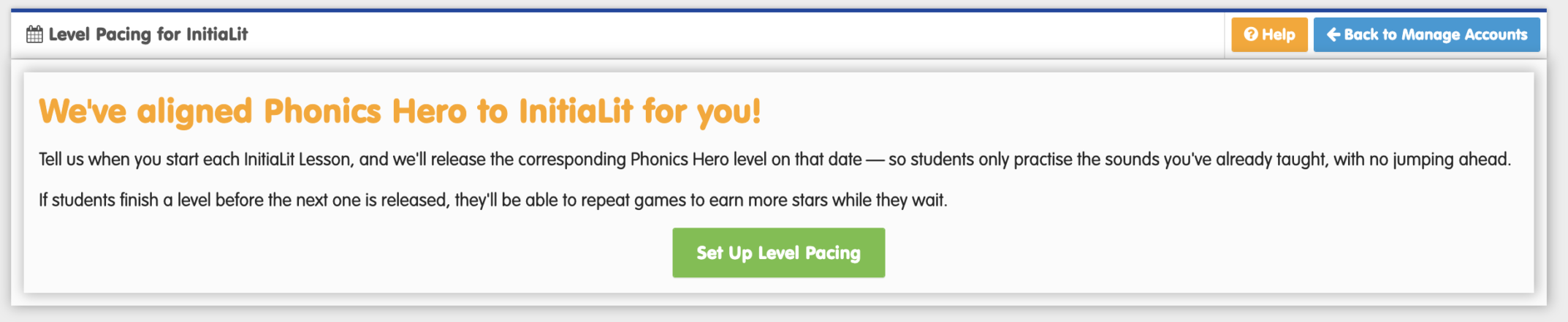 Level Pacing empty state for InitiaLit schools