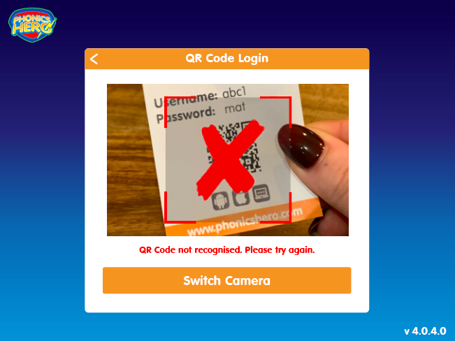 QR code failed login error screen in Phonics Hero