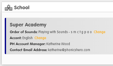 Screenshot showing the Change option next to the order of sounds in the School section