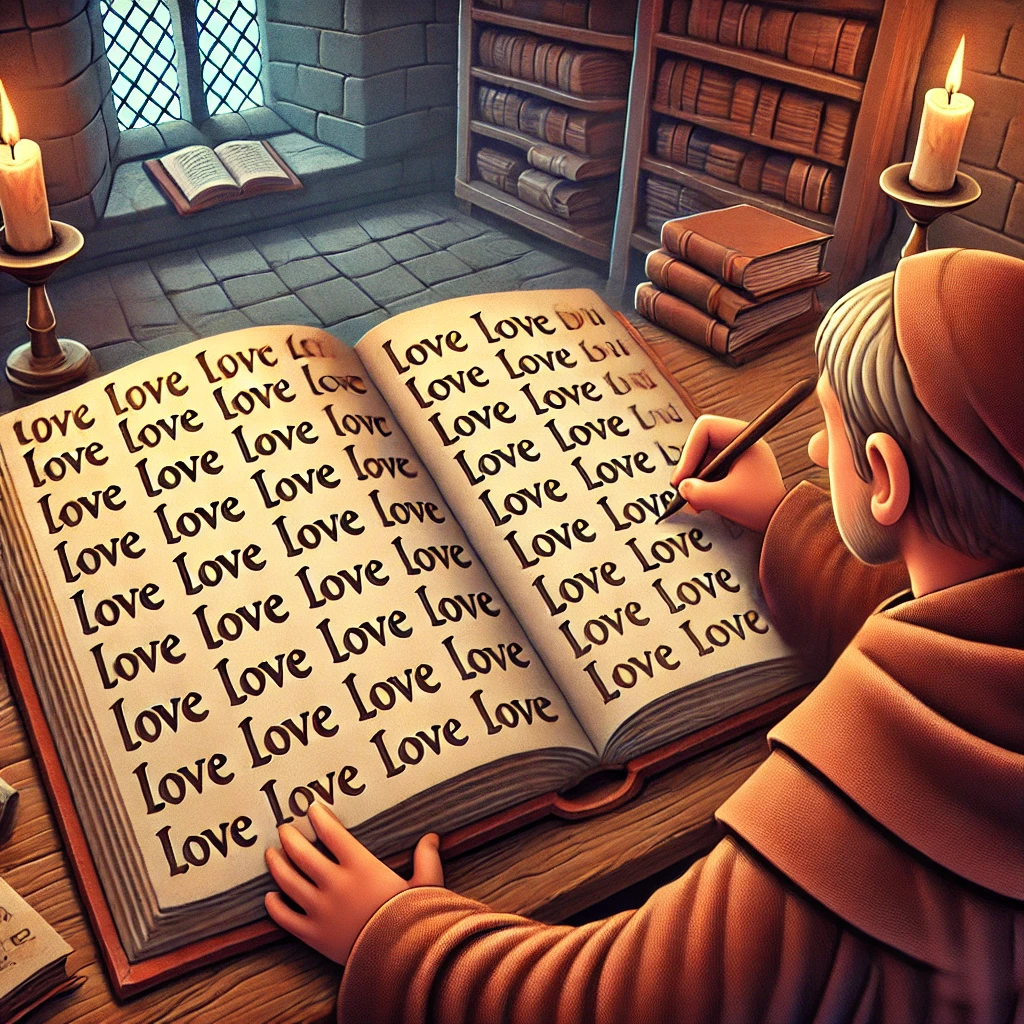 Monk writing love etymology