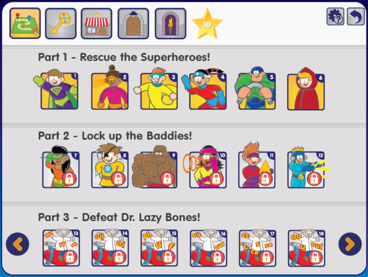 A screenshot of the level overview page — a series of image tiles numbered 1 through 26, each showing a character from that level.