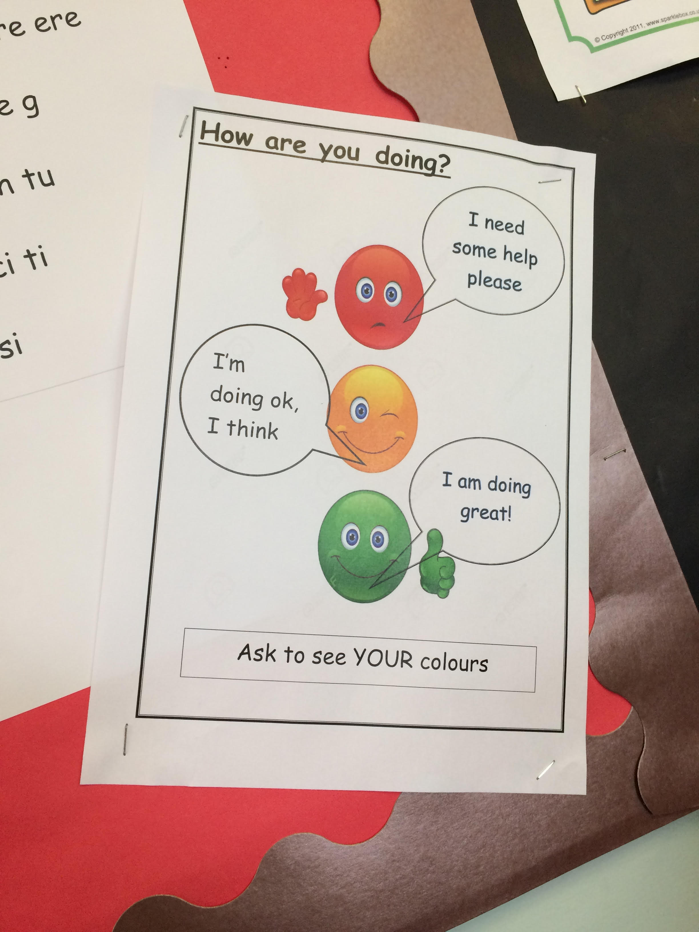 green, yellow or red emojis asking students if they are comfortable, need a little help or need a lot of help